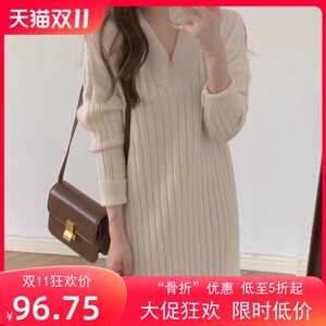 针织连衣裙秋冬新款慵懒风中长款领针织衫女韩版宽松套头毛衣裙
