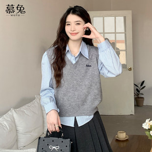 慕兔蓝色衬衫叠穿马甲两件套女款韩系条纹上衣针织背心学院风套装