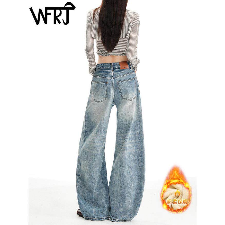 美式覆古蓝阔腿牛仔裤女秋冬2025加绒重工水洗低腰宽松弯刀拖地裤