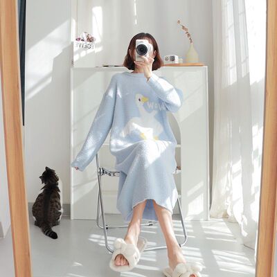 大白鹅软绵绵睡裙女秋冬季长款过膝加厚珊瑚绒甜美长袖睡衣家居服