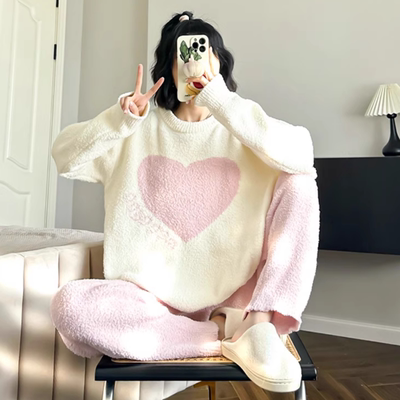 甜美爱心软绵绵睡衣女款秋冬季日系新款网红风珊瑚绒可外穿家居服