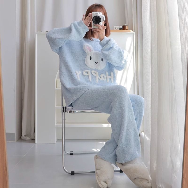 日系睡衣少女冬季可爱兔子加厚加绒宽松冬天可外穿珊瑚绒家居服套