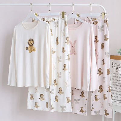 可爱狮子兔子睡衣女长袖长裤柔软莫代尔棉秋季日系卡通家居服套装