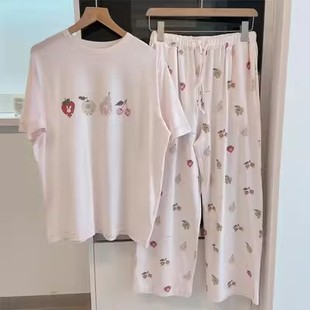 套装 日系夏季 睡衣少家居服薄款 长裤 莫代尔水果柔软圆领套头短袖