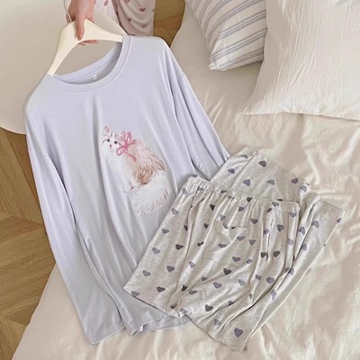 2025软绵绵新款莫代尔柔软圆领猫咪长袖长裤睡衣女生休闲家居服