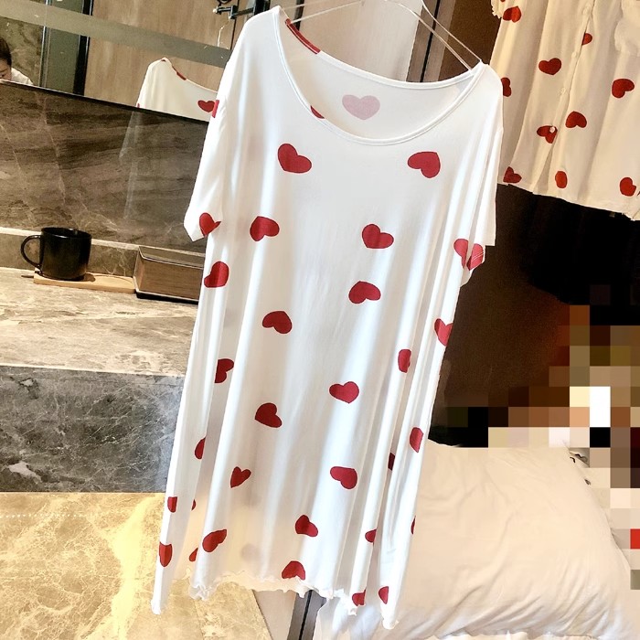 日系甜美爱心莫代尔棉大码短袖睡裙女夏季薄款睡衣宽松亲子家居服