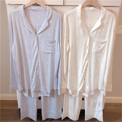 春秋日系莫代尔棉睡衣女爱心长袖长裤睡裙薄款柔软宽松套装家居服