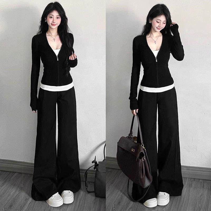 假两件长袖运动套装女春秋时尚韩版显瘦上衣宽松阔腿裤休闲两件套