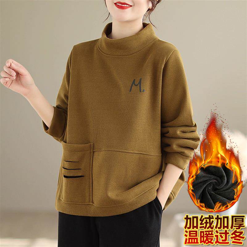 大码刺绣加绒外穿长袖卫衣女秋冬季2025新款加厚保暖女士打底上衣