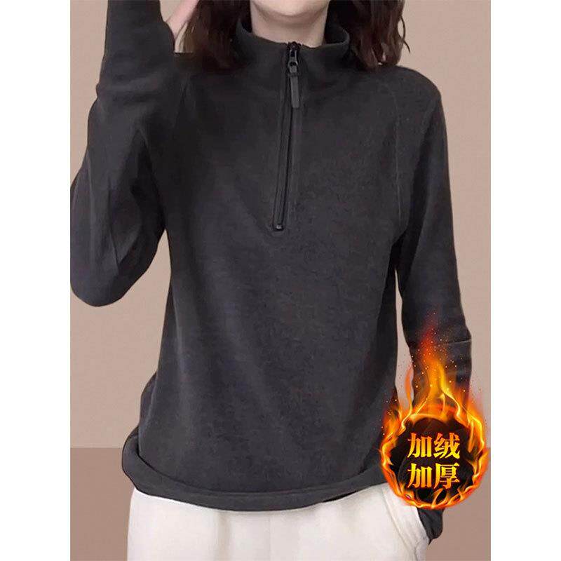 半拉链德绒连帽卫衣女秋冬设计感欧货宽松叠穿加绒打底衫上衣帽衫