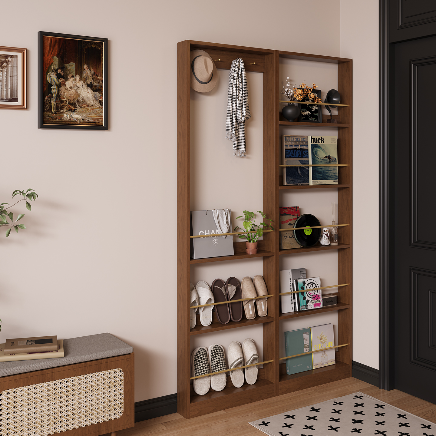 门后书架置物架黑胡桃木色玄关超薄柜极窄柜客厅收纳靠墙夹缝窄柜