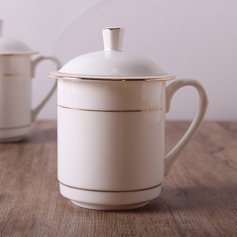 唐山厂家骨瓷会议盖办公杯logo印制杯可广告礼品描金陶瓷水杯茶杯