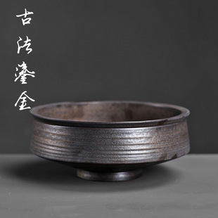 高脚粗陶大号茶水茶道零笔洗茶具水洗陶瓷鎏金配件功夫洗配古铜盂