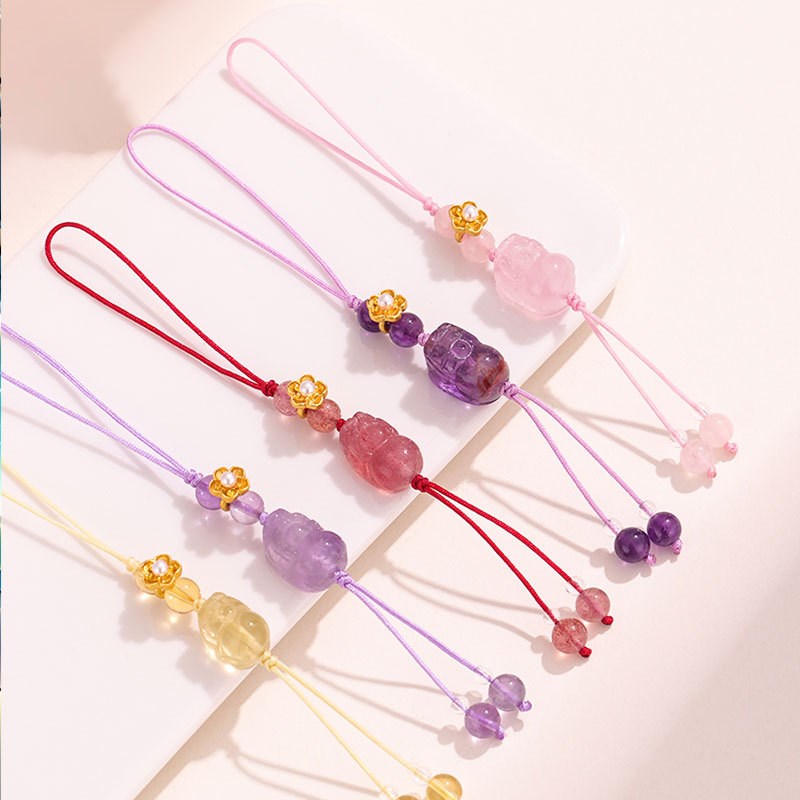 新品紫水晶吞金兽手机串珠幽灵草莓晶紫钛挂链手机挂件小物品吊坠