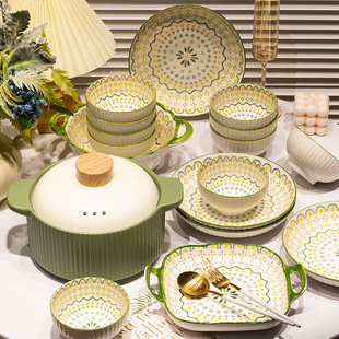 碗碟套装家用圆形新款日式碗筷简约陶瓷爆碗盘餐具盘子红具网碗款