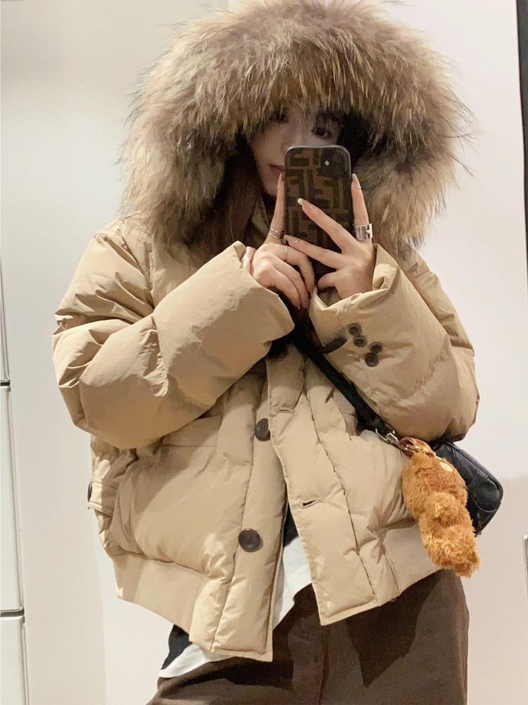 Off-season clearance 90% white duck down short women's jacket with large fur collar, parka style, elegant, winter, hooded, loose outerwear