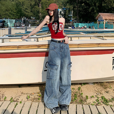 mali 玛莉&美式复古｜斜线分割设计｜阔腿牛仔工装裤女丙纶长裤