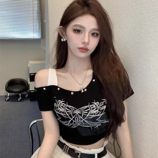 欧美辣妹风短袖 甜辣上衣夏 t恤女爵士露肩jazz舞蹈露脐高腰ins短款