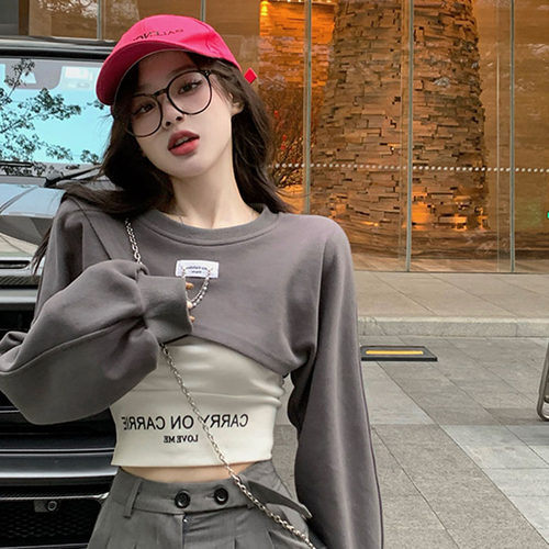 短款背心罩衫叠穿两件套女卫衣