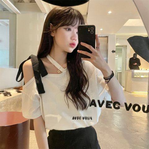 直播衣服女主播服装上镜性感斜领半漏肩上衣紧身露肩短袖t恤夏季