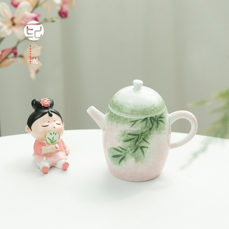 纯手工手绘绿竹龙蛋壶单人喝茶小泡壶女士精致迷你小茶壶陶瓷茶具
