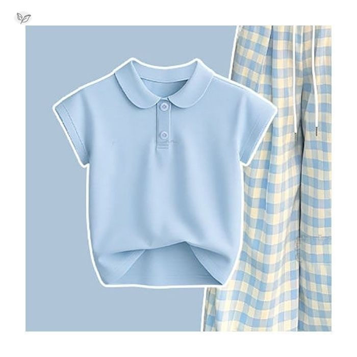 七色.俏（夏日一抹蓝） 女生新款夏季格子阔腿裤套装POLO短袖