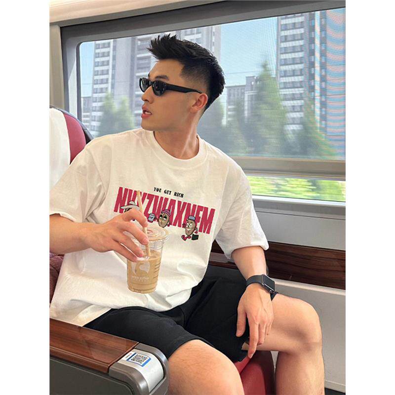 oversize潮牌嘻哈字母宽松短袖T恤男夏季港味青年小领口欧美上衣