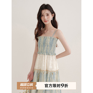 木易易 海边度假风出游吊带洋装女夏季晕染拼接蕾丝罩衫两件套