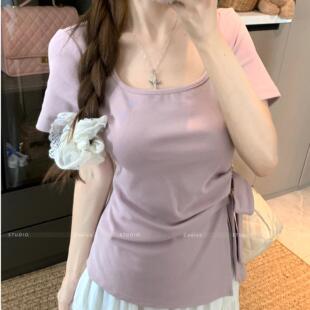 2025夏季新款法式独特漂亮短袖T恤大尺码胖mm设计感掐腰显瘦上衣