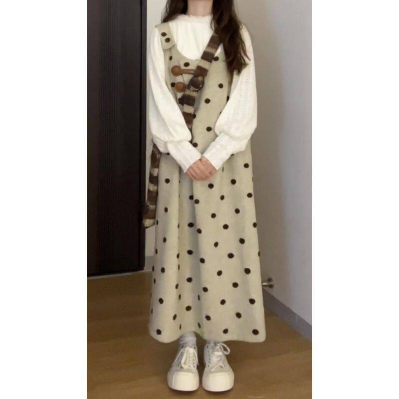 千金感背带连衣裙小香风套装宽松遮肉波点背心裙女春季蕾丝打底衫