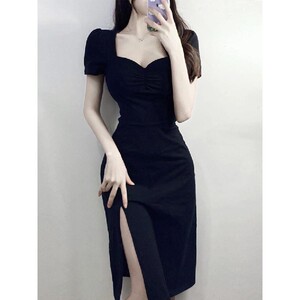 2024夏季女装黑色气质开叉裙子纯欲御姐连衣裙时尚泡泡袖中长裙