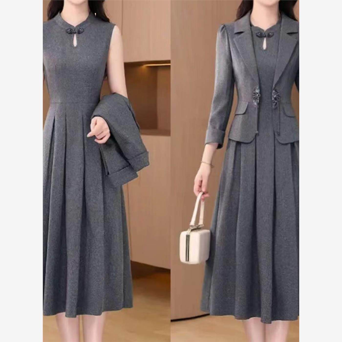 初秋女子长袖两件套连衣裙2025秋冬新雅致民族风母亲背心连衣裙套