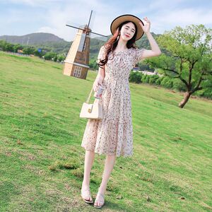 碎花雪纺连衣裙女夏2025新款韩版收腰显瘦中长款裙子仙女超仙森系