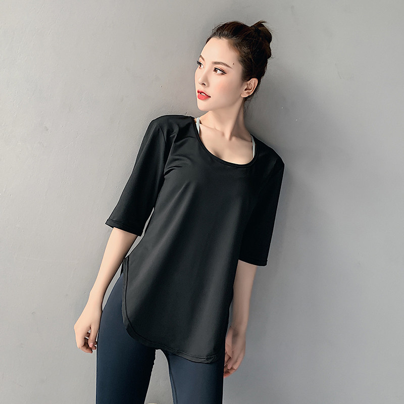运动上衣女宽松时尚专业跑步透气健身中袖罩衫速干T恤瑜伽服短袖
