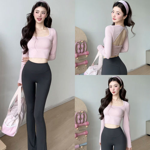 新款瑜伽服长袖女春季带胸垫