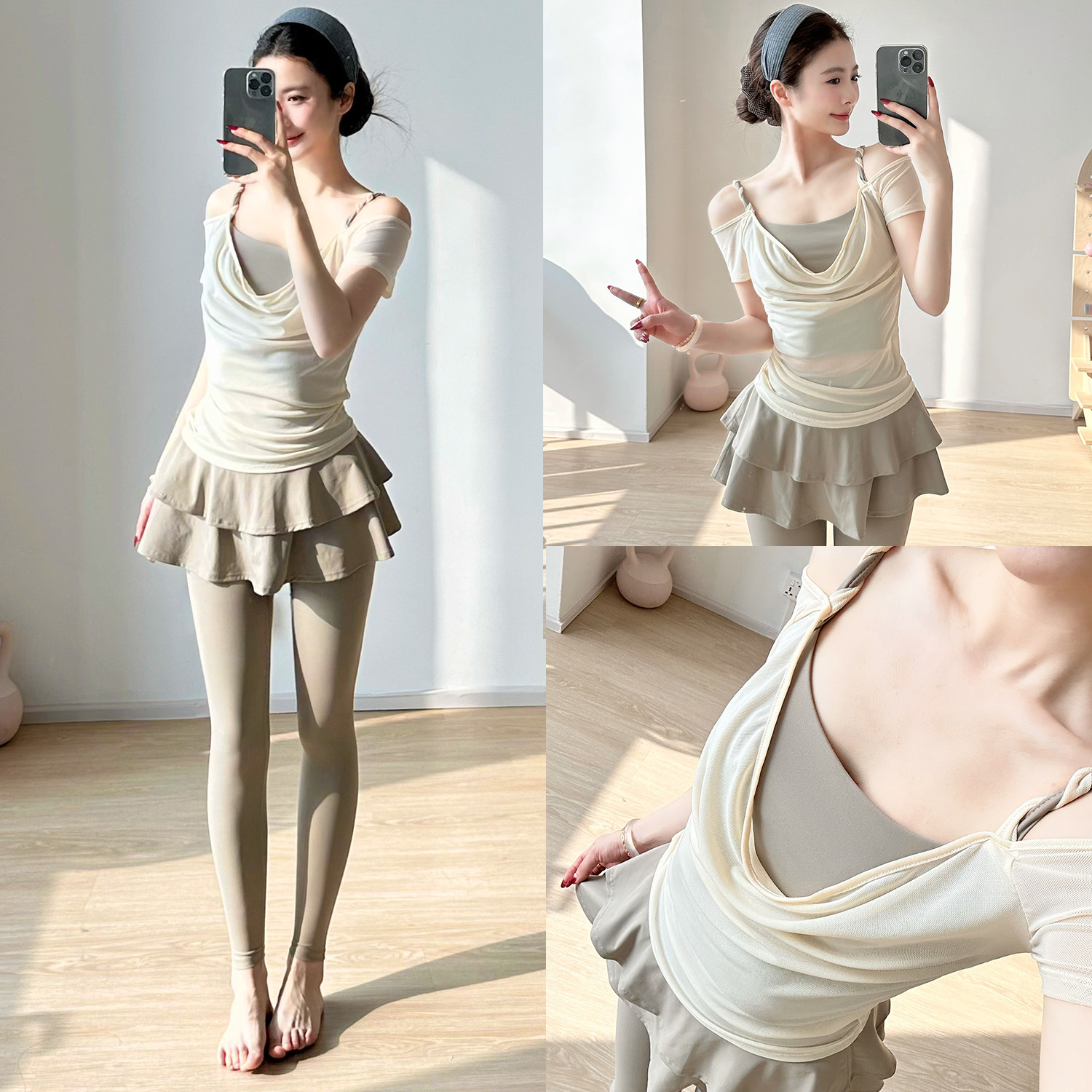 gogoyoga运动套装速干透气露肩瑜伽短袖高腰假两件裸感瑜伽裤裙