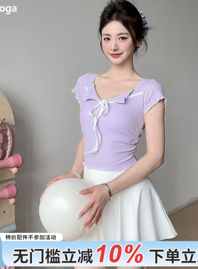 gogoyoga固定杯运动短袖显瘦遮肉T恤系带木耳边上衣甜辣瑜伽短袖