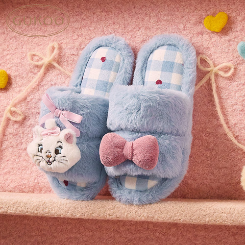 Gukoo/果壳拖鞋女秋冬款玛丽猫联名蝴蝶结保暖格纹毛绒居家拖鞋