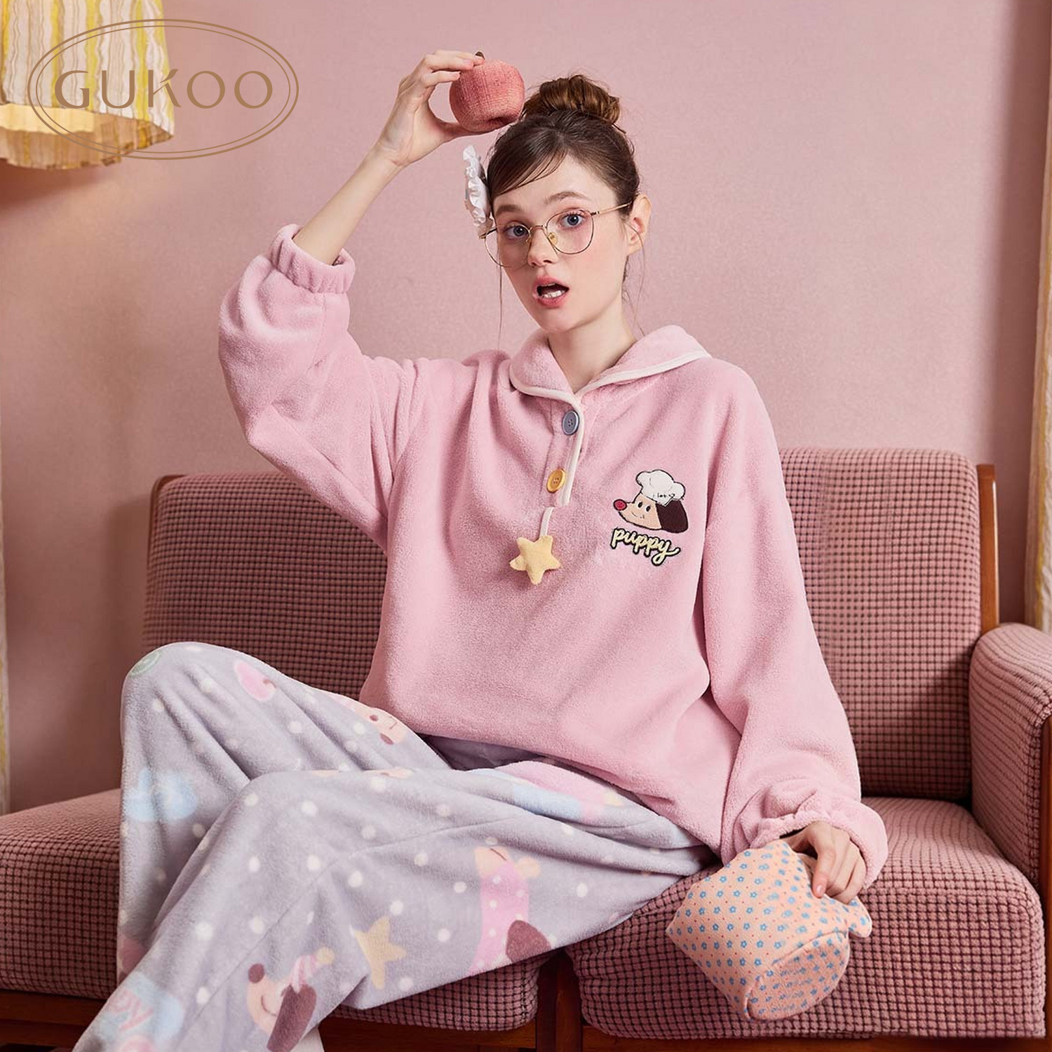 Gukoo/果壳睡衣女冬新品轰轰小狗满印珊瑚绒保暖可外穿家居服套装