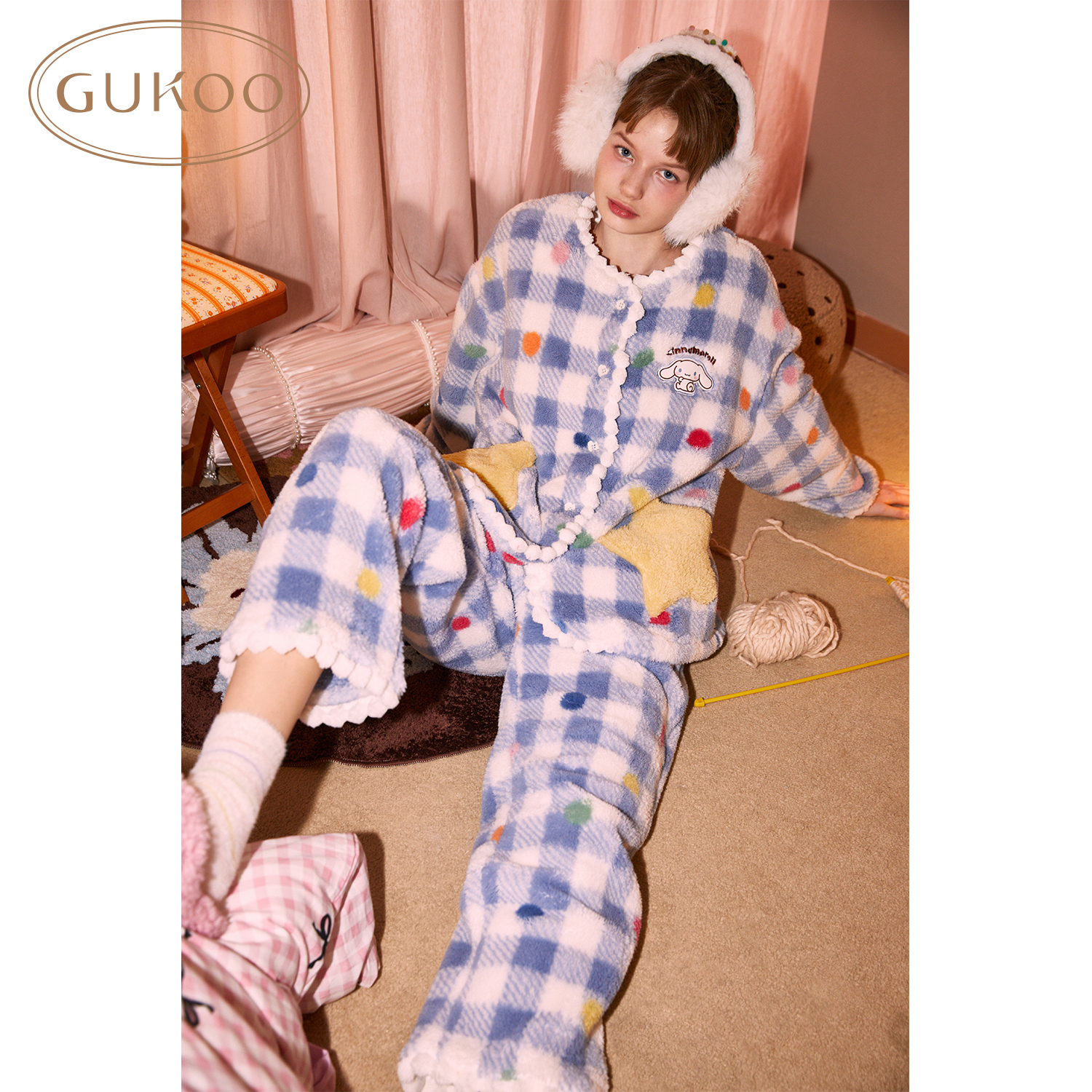 Gukoo/果壳睡衣女冬款IP系列加厚保暖毛绒格子家居服套装