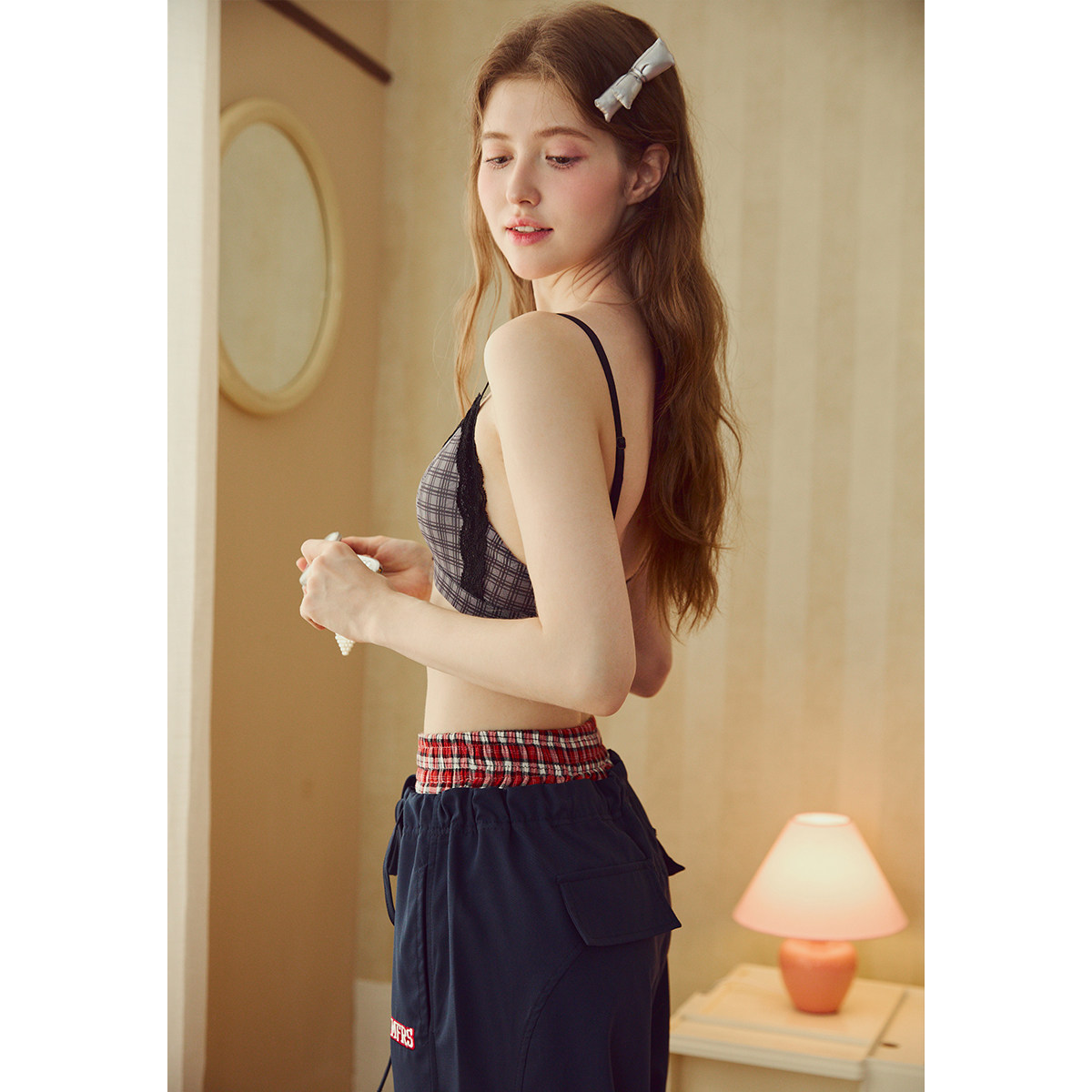 Gukoo/果壳内衣女春夏薄款蕾丝格纹情趣性感纯欲聚拢无钢圈文胸