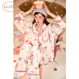卡通满印加绒翻领可爱家居服套装 Gukoo 果壳睡衣女冬款