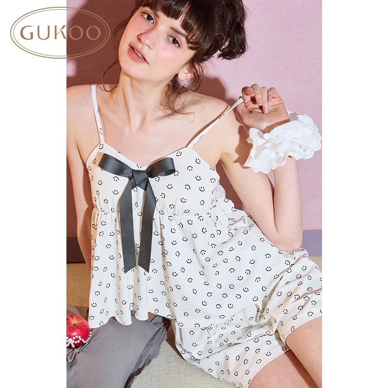 Gukoo/果壳睡衣女夏款纯棉笑脸满印蝴蝶结吊带家居服套装