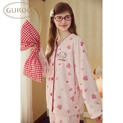 Gukoo/果壳睡衣女冬款加绒满印mikko联名碎花家居服套装