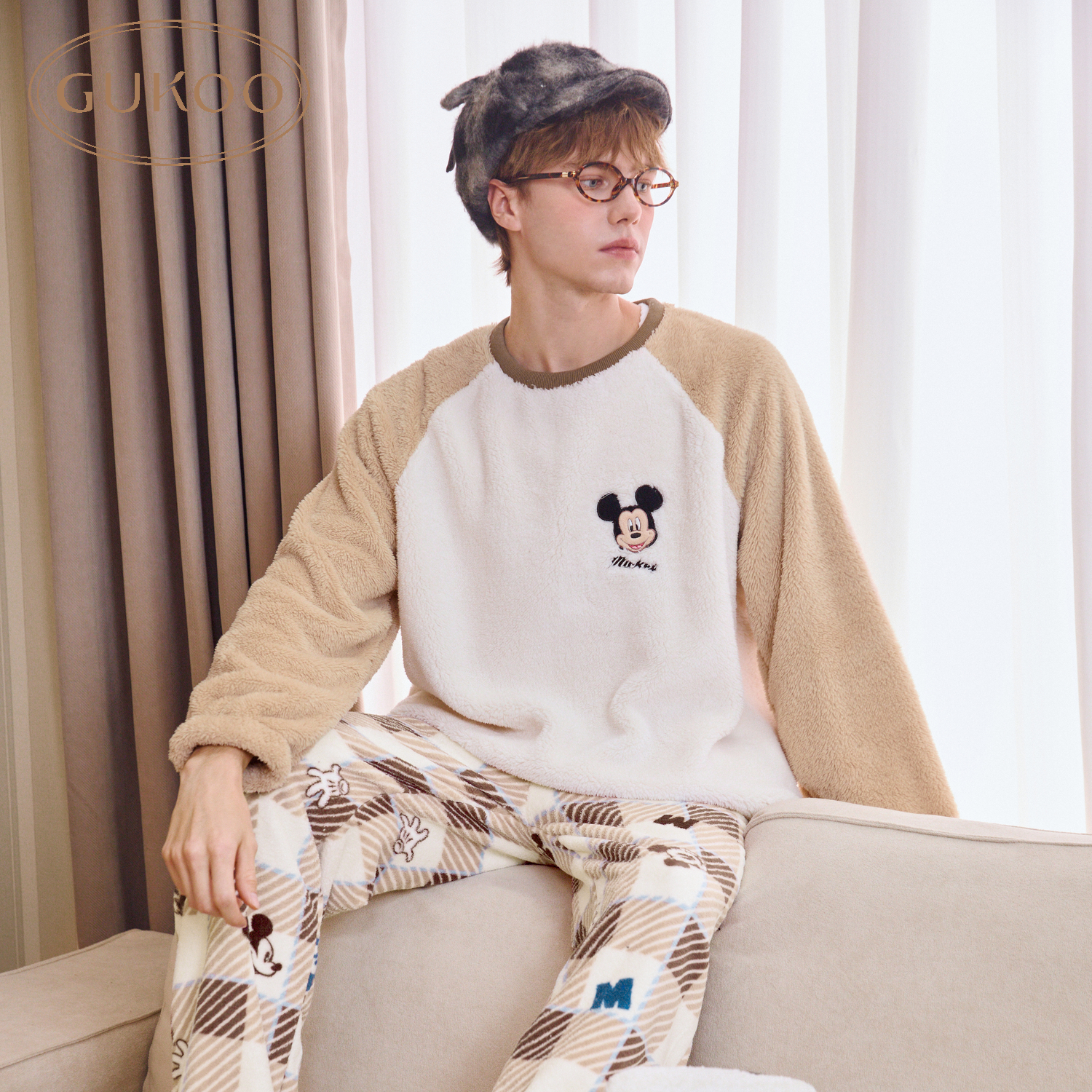 Gukoo/果壳睡衣男冬季迪士尼系列米奇加绒保暖家居服套装
