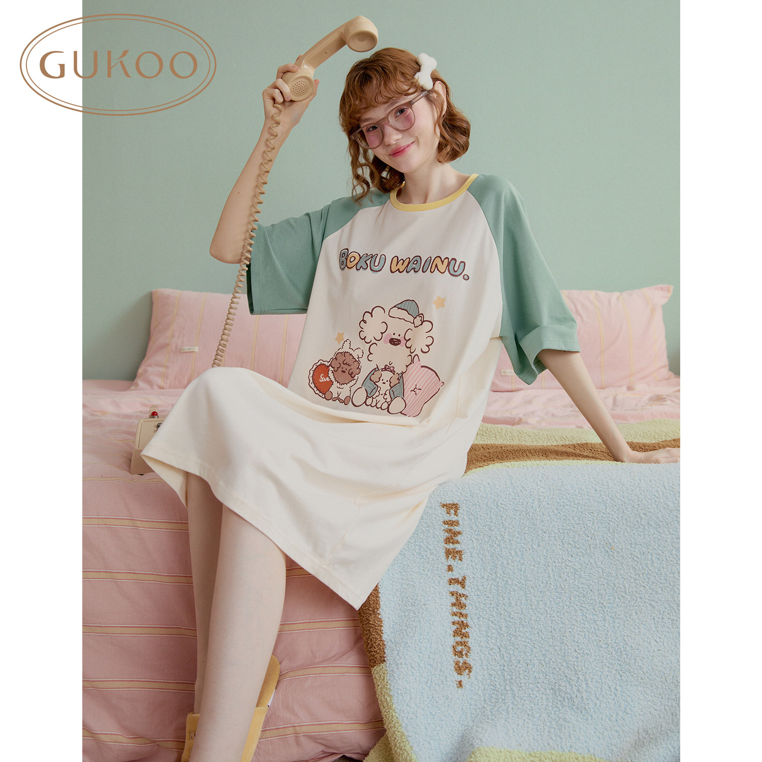 Gukoo/果壳短袖睡裙女春夏miiiiichan联名绿色休闲卡通居家睡衣