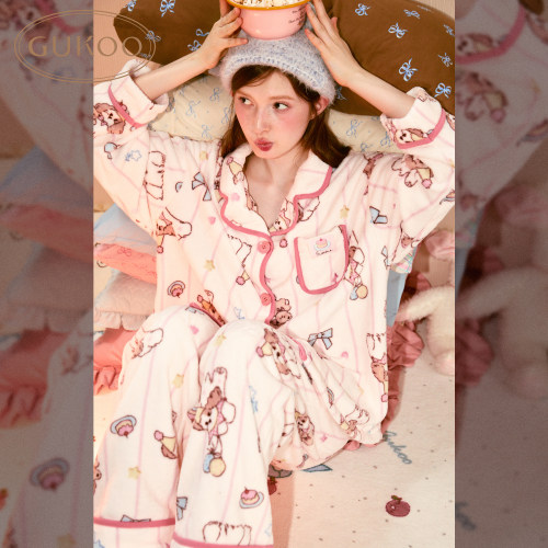 Gukoo/果壳睡衣女冬款卡通满印加绒翻领可爱家居服套装