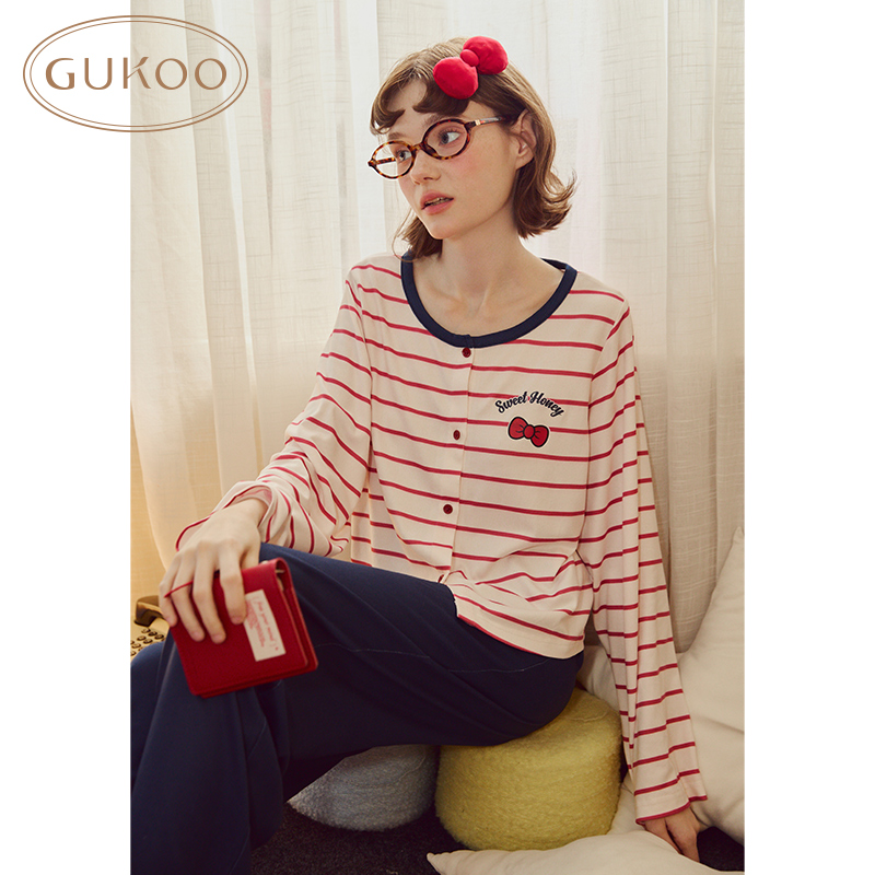 Gukoo/果壳睡衣女春秋款蝴蝶结印花条纹甜美长袖家居服套装