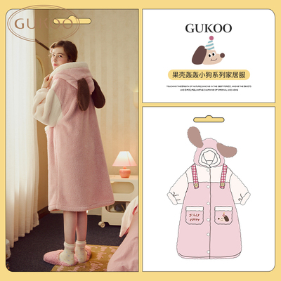 Gukoo/果壳睡衣女秋冬轰轰小狗系列加绒保暖连帽家居服睡袍