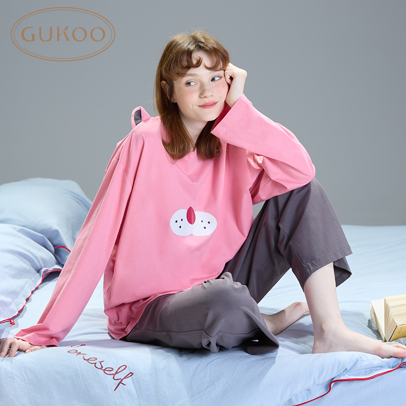 Gukoo/果壳睡衣女春秋款酷猫系列简约长袖家居服套装